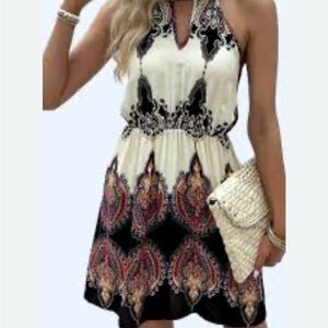 SHEIN Cream and Black Halter Mini Sundress